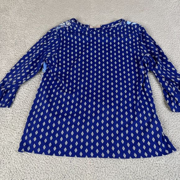 Chico's Blouse Womens 2 Blue Paisley Large Short Sleeve Roll Tab Pullover V Neck - Picture 5 of 10